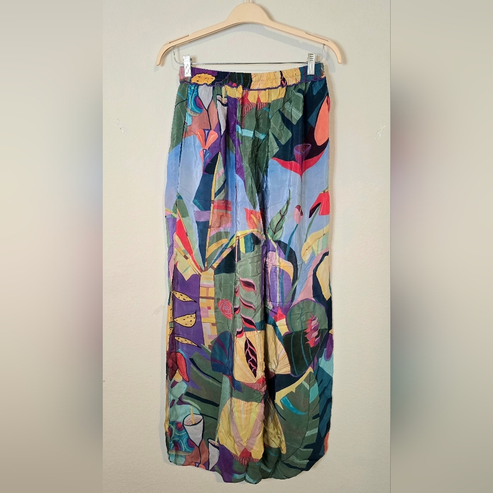 EUC FARM RIO Tropical Scenario Blue Slit Shiny Pants Size M - Picture 7 of 10